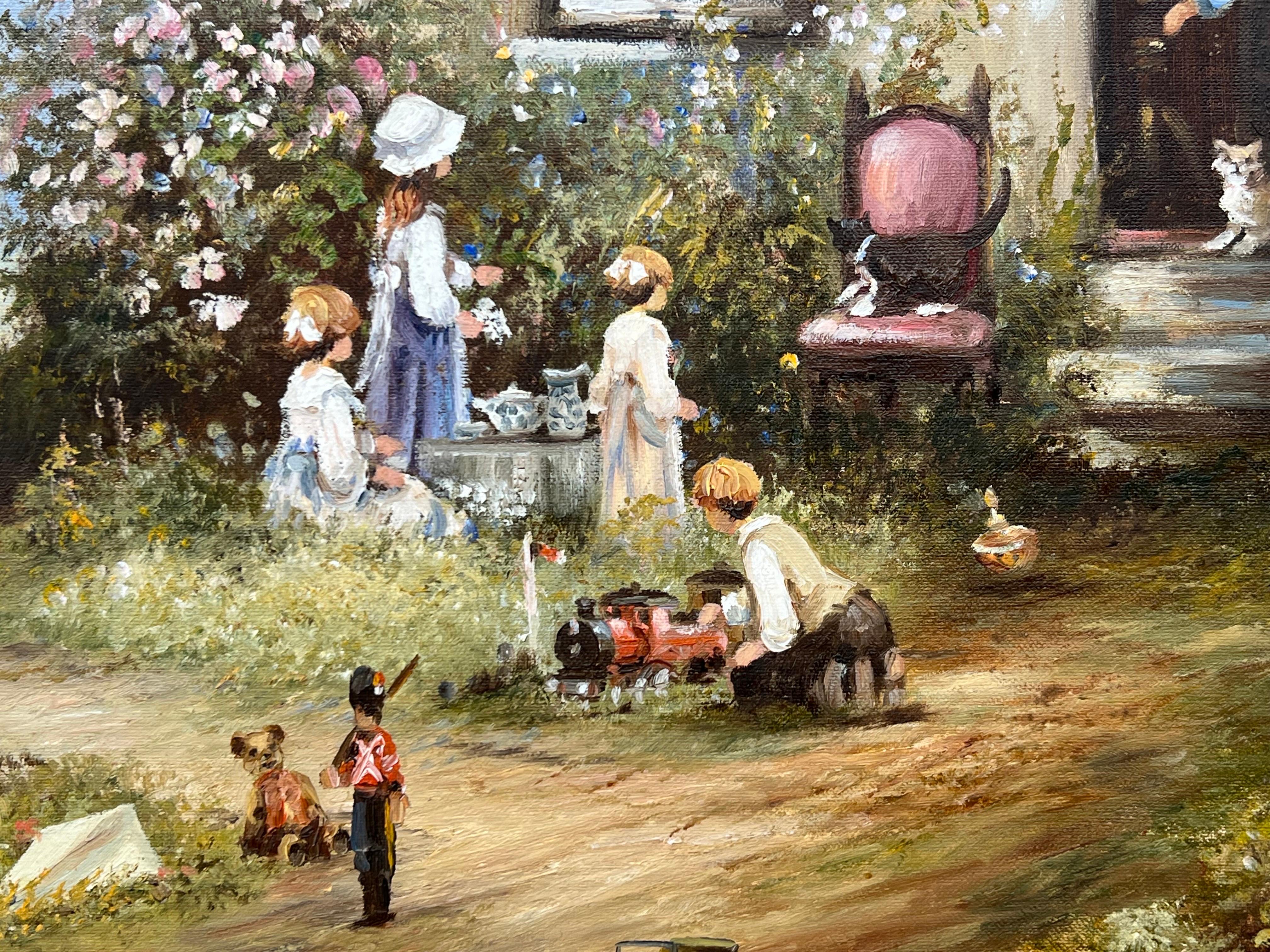 Children Playing in a Farmhouse Flower Garden in the English Countryside by British Artist, Les Parson

Art measures 30 x 20 inches
Frame measures 36 x 26 inches

This image depicts a picturesque and idyllic garden scene with several children