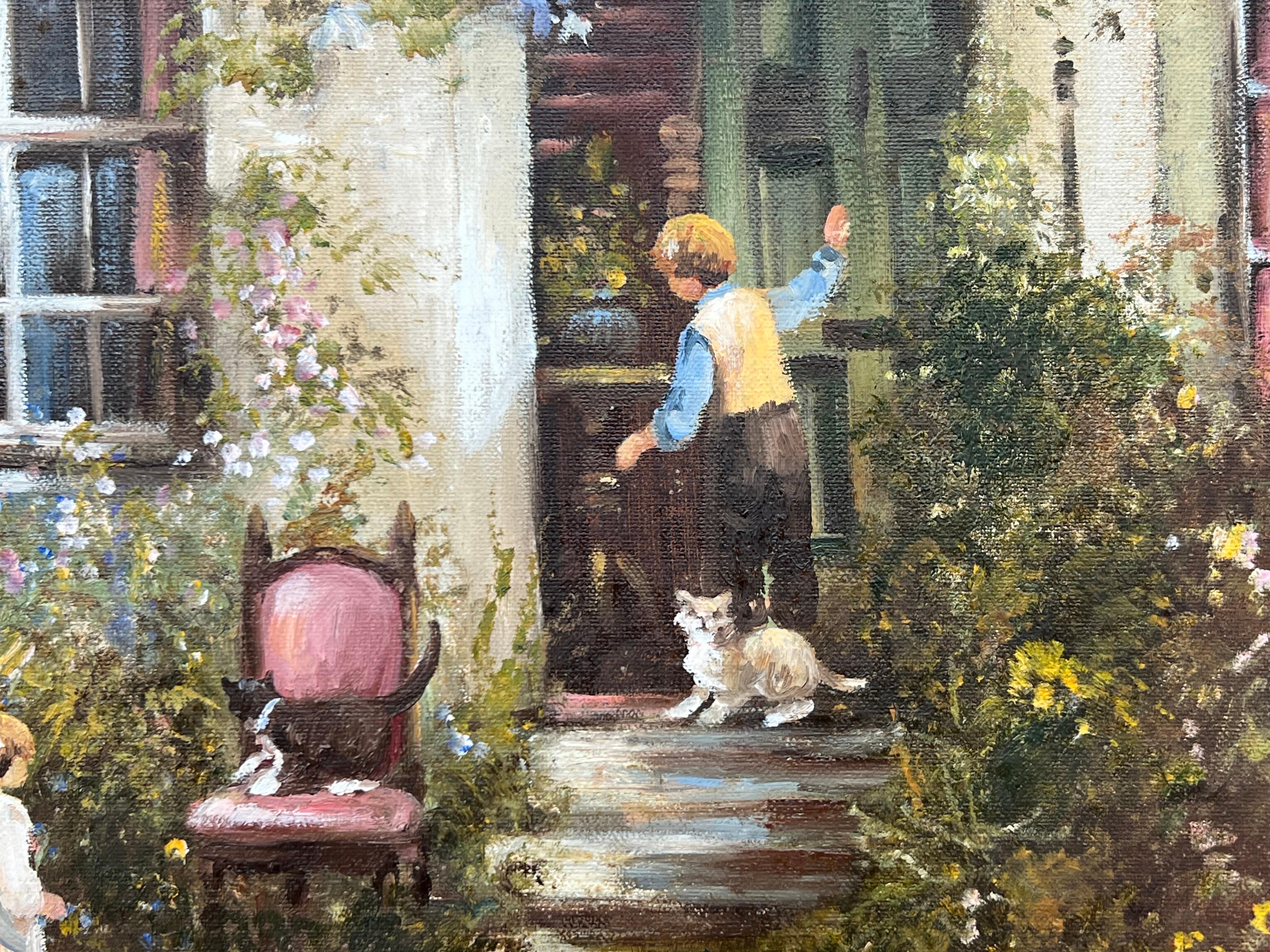 Children Playing in a Farmhouse Flower Garden in the English Countryside For Sale 4