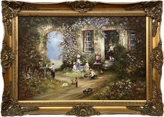 Retro Children Playing in a Farmhouse Flower Garden in the English Countryside