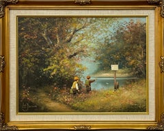 Jóvenes pescando junto al río en un prado de flores silvestres en la campiña inglesa