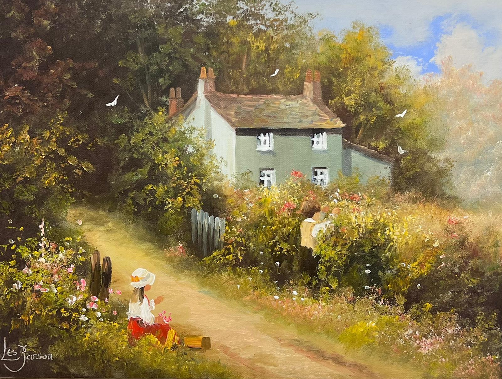 Bambini che raccolgono le more Giardino di campagna inglese firmato Pittura ad olio - Painting di Les Parsons
