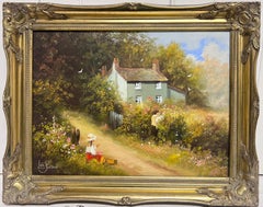 Vintage Children Picking Blackberries English Country Cottage Garden Signed Oil Painting