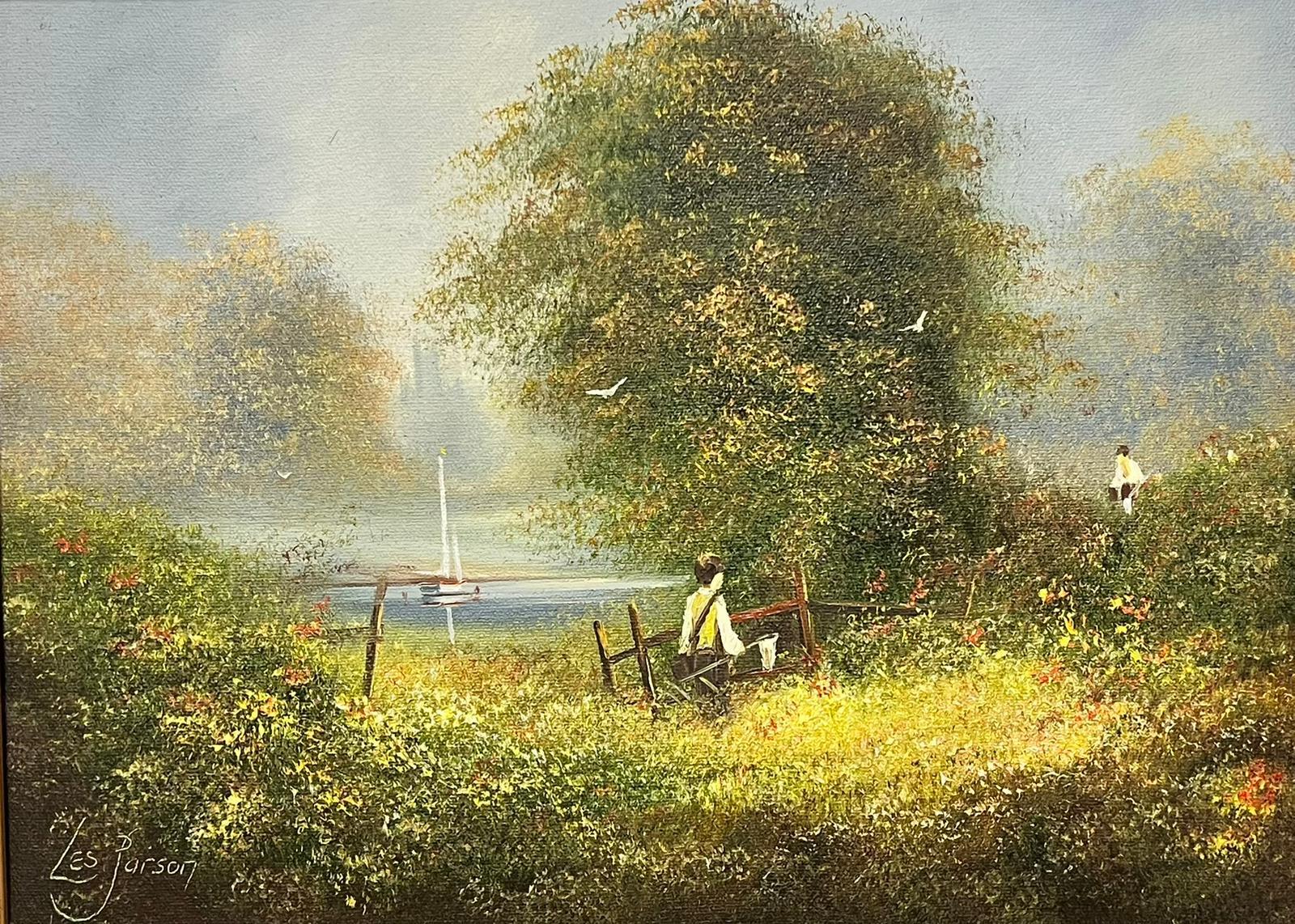 Hazy Summer Meadow Children with Fishing Nets by River Signed English Oil - Painting by Les Parsons