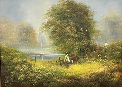 Hazy Summer Meadow Children with Fishing Nets by River Signed English Oil