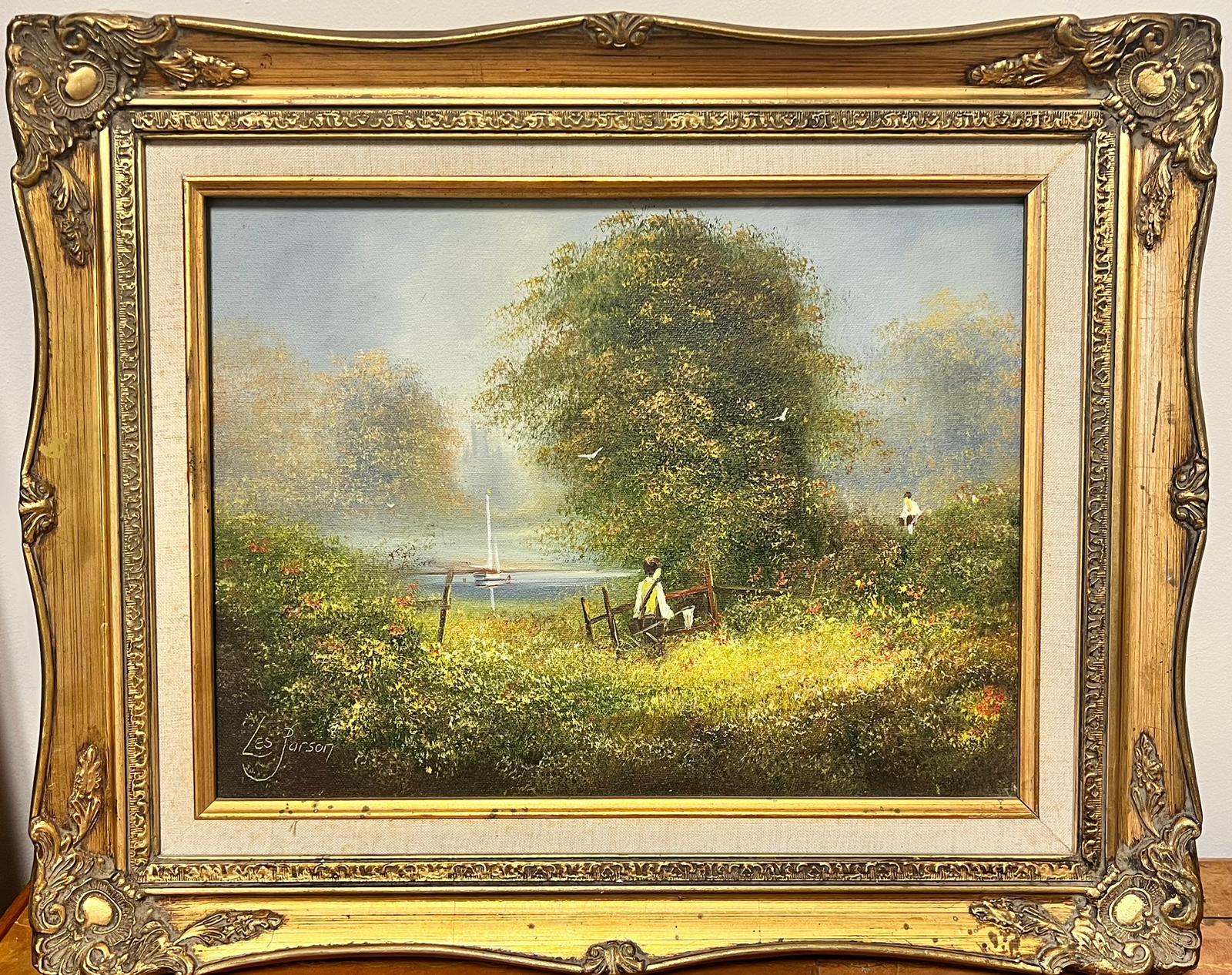 Les Parsons Figurative Painting - Hazy Summer Meadow Children with Fishing Nets by River Signed English Oil