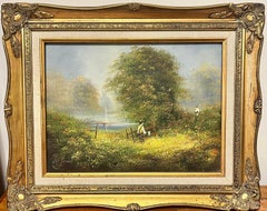 Hazy Summer Meadow Children with Fishing Nets by River Signed English Oil