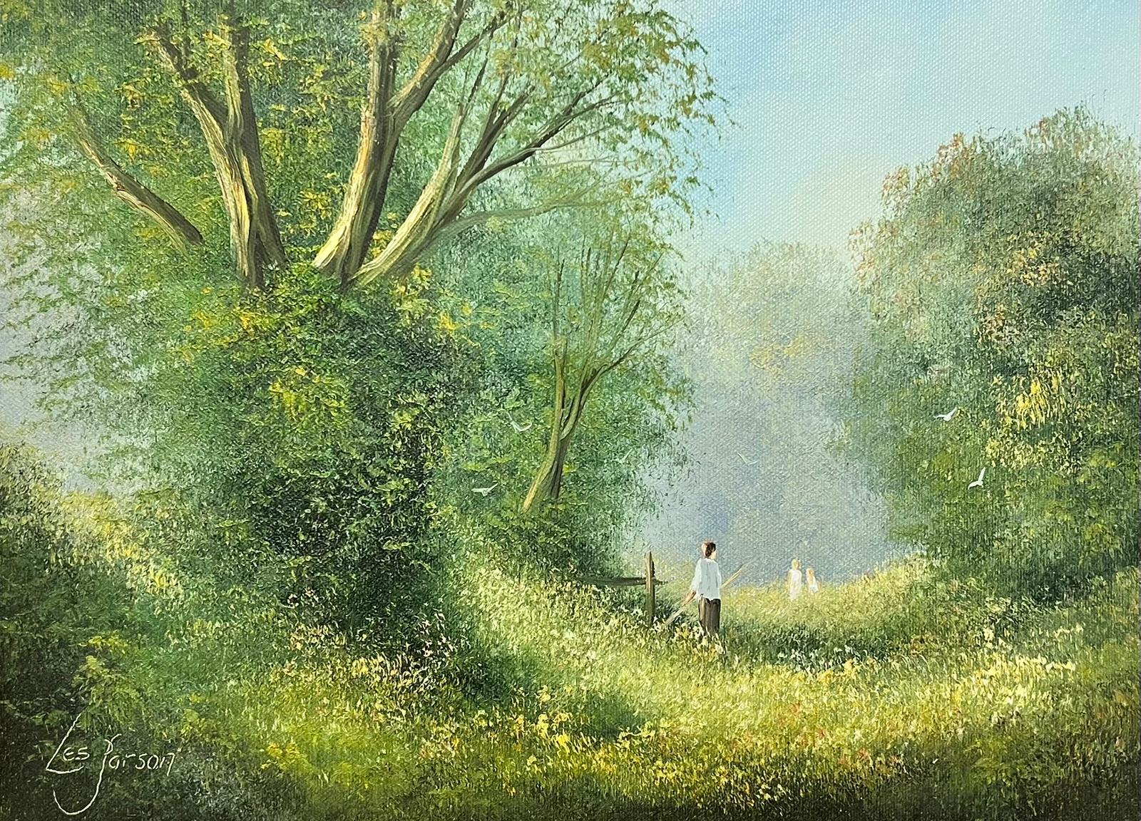 Les Parsons Landscape Painting – Playing in the Hazy Summer Meadows, Original, britischer Impressionismus, signiert, Öl 
