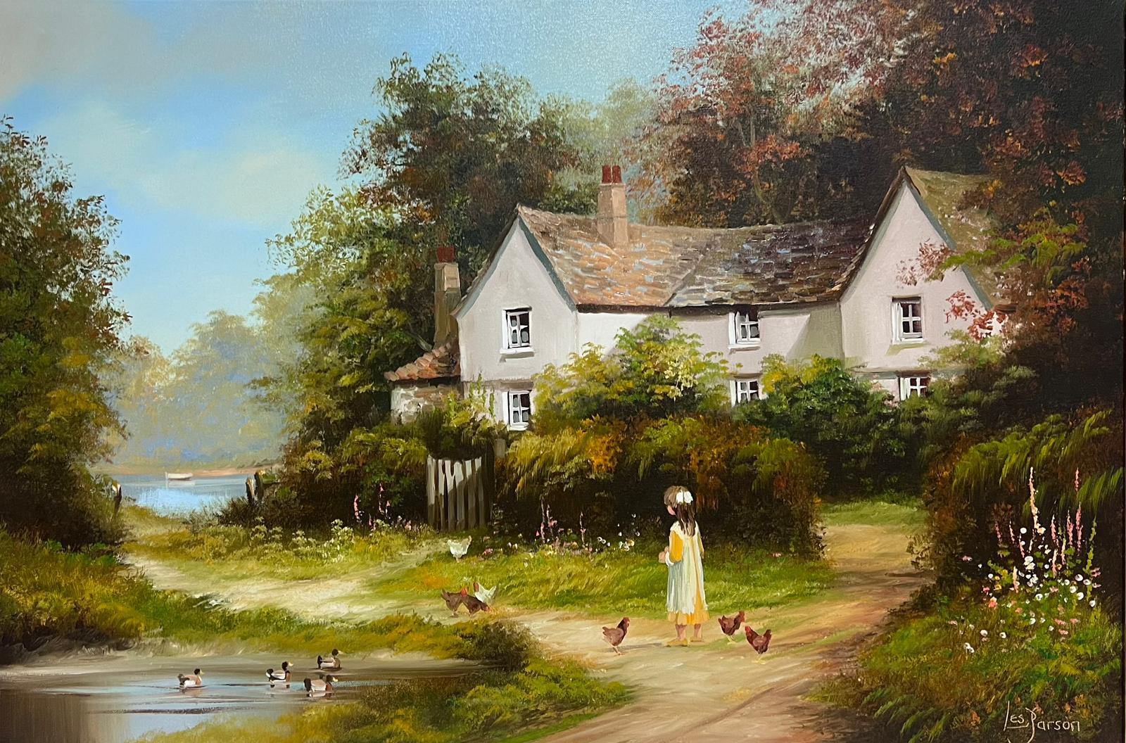 Les Parsons Figurative Painting - The Victorian Cottage Village Pond Ducks & Chickens Signed English Oil Painting