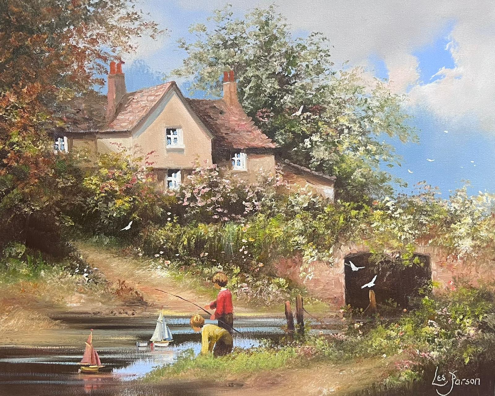 Traditional English Cornish Village Scene Children Playing in Stream by Cottage - Painting by Les Parsons