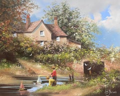 Traditional English Cornish Village Scene Children Playing in Stream by Cottage