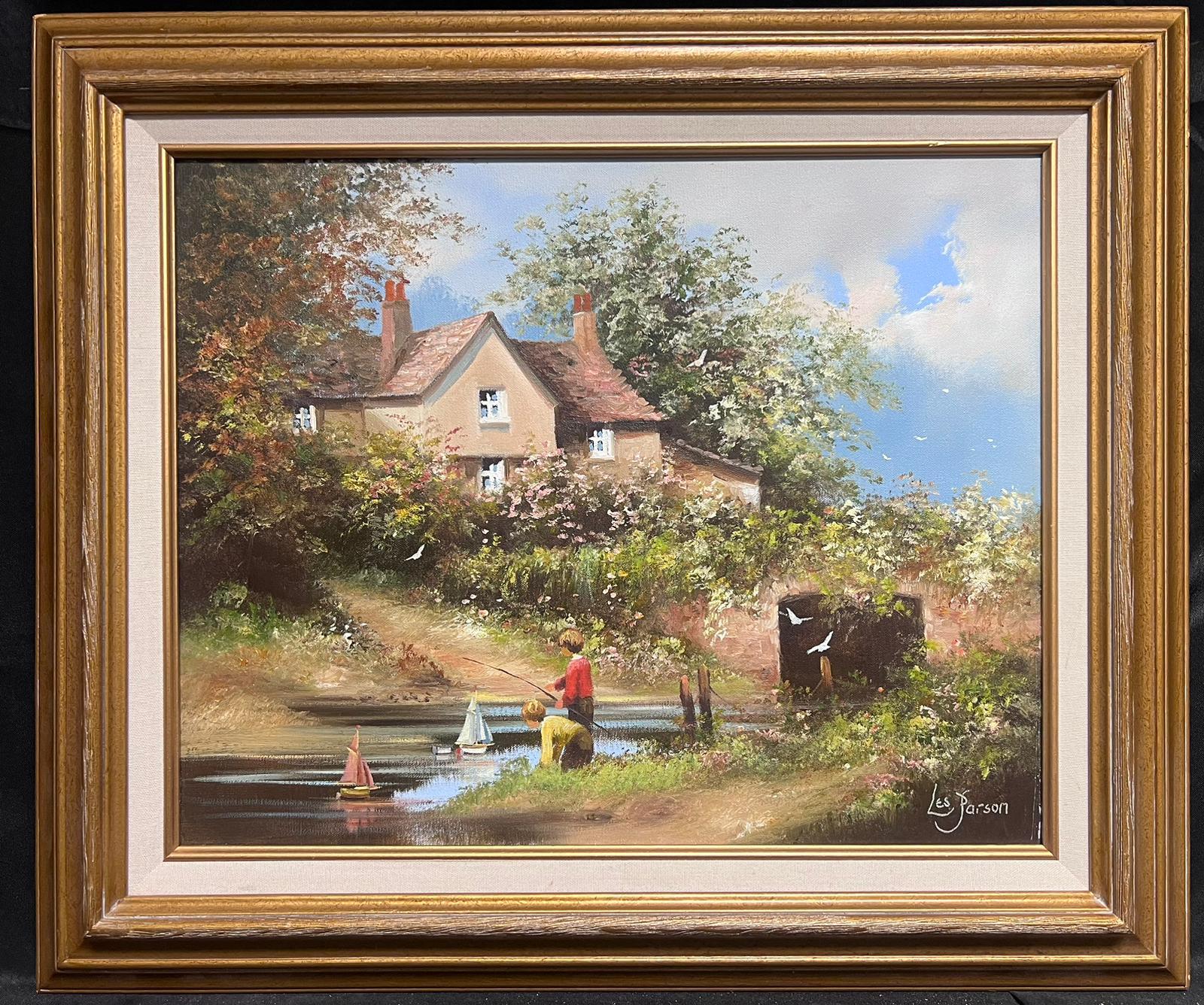 Les Parsons Landscape Painting - Traditional English Cornish Village Scene Children Playing in Stream by Cottage