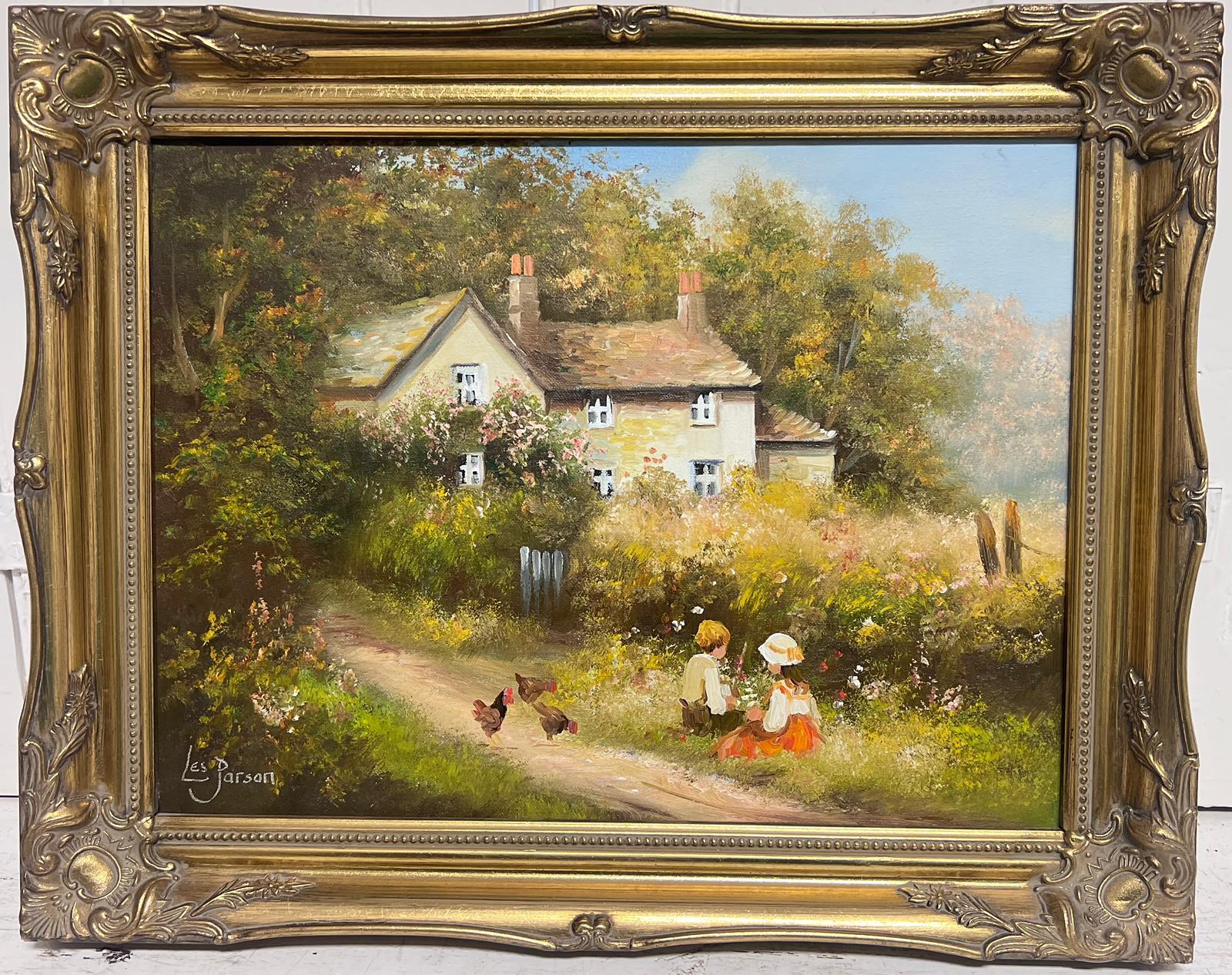 Traditional English Oil Country Cottage Children Playing in Lane & Chickens  - Painting by Les Parsons