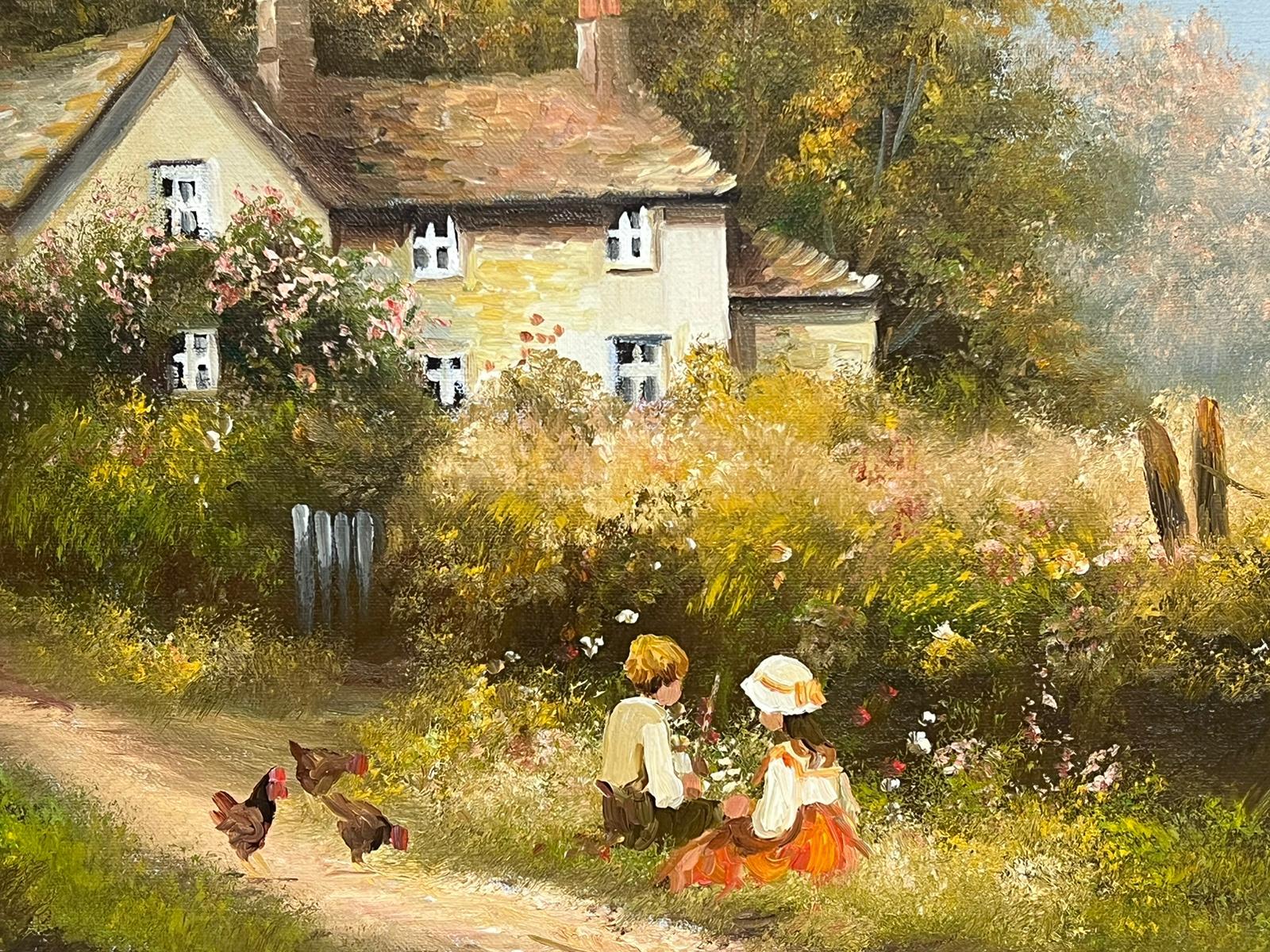 Traditional English Oil Country Cottage Children Playing in Lane & Chickens  - Victorian Painting by Les Parsons