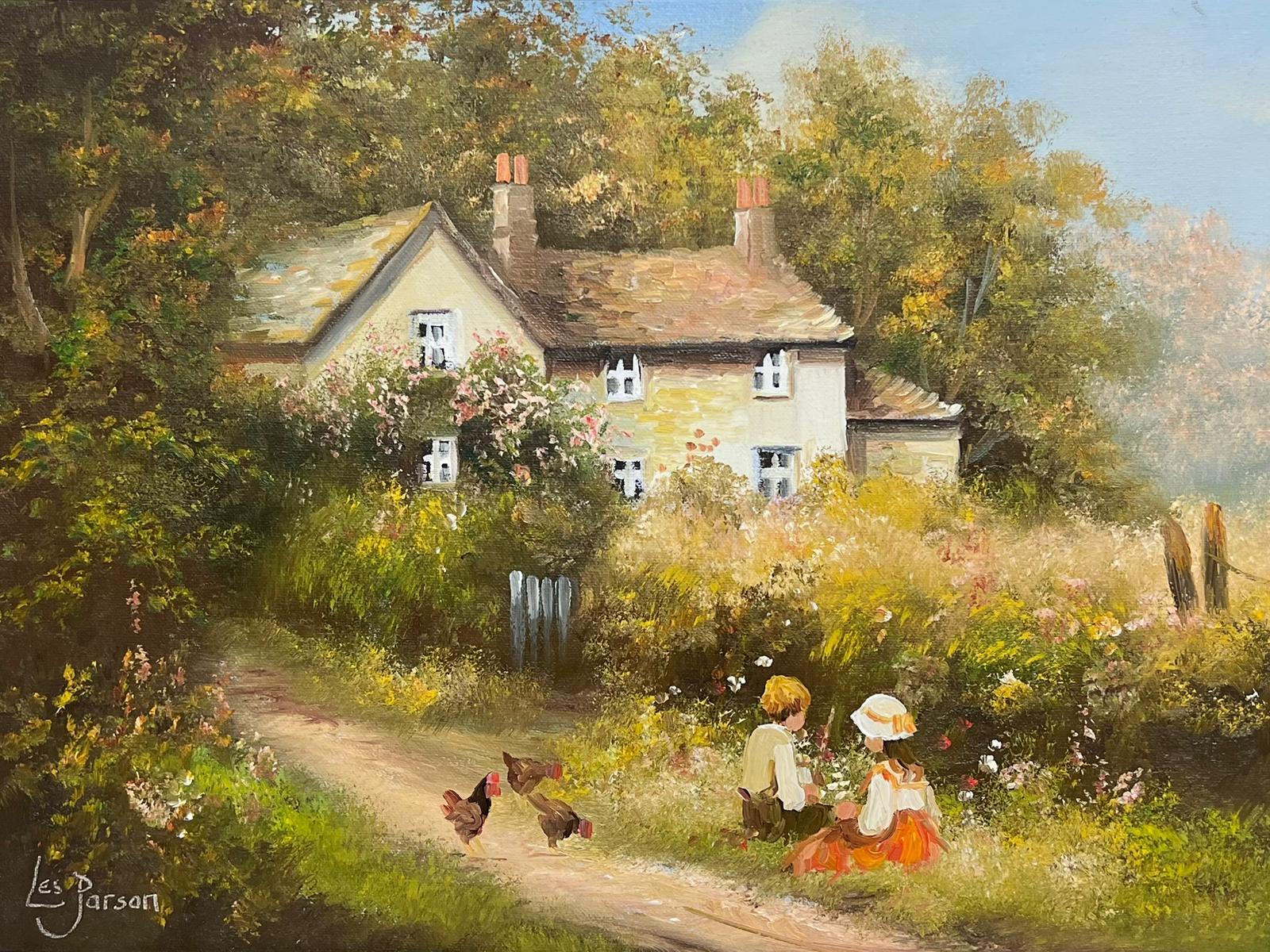 Les Parsons Figurative Painting - Traditional English Oil Country Cottage Children Playing in Lane & Chickens 