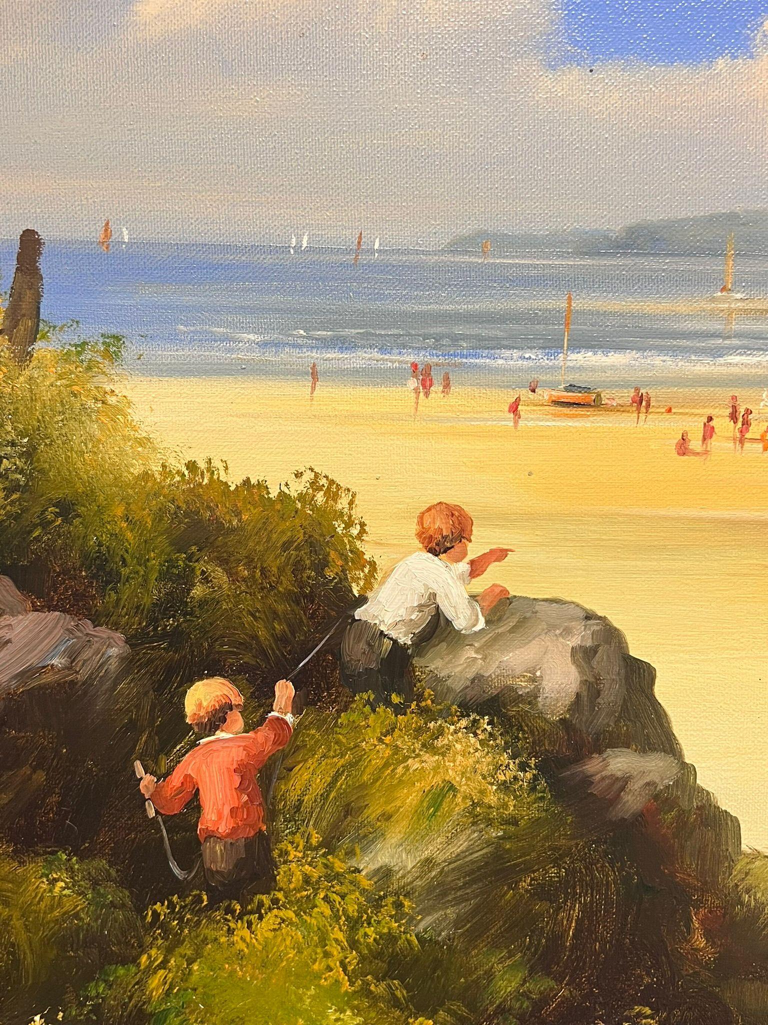 Pittura ad olio tradizionale inglese Bambini in spiaggia con aquilone firmata e incorniciata in vendita 1