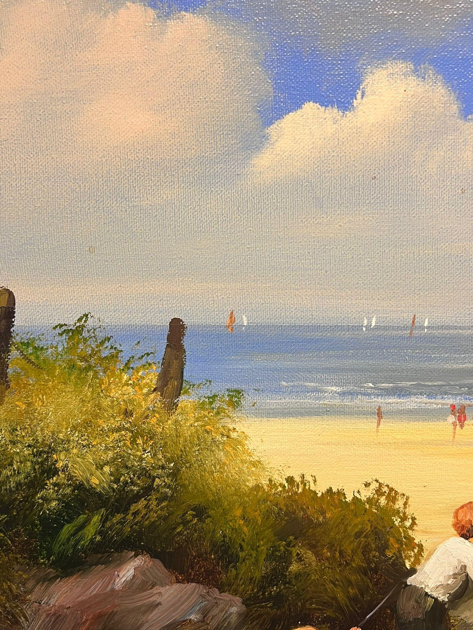 Pittura ad olio tradizionale inglese Bambini in spiaggia con aquilone firmata e incorniciata in vendita 2