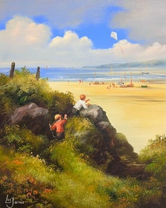 Traditional English Oil Painting Children at the Beach with Kite Signed & Framed
