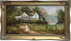 Traditional English Signed Oil Painting Children in Cottage Flower Garden