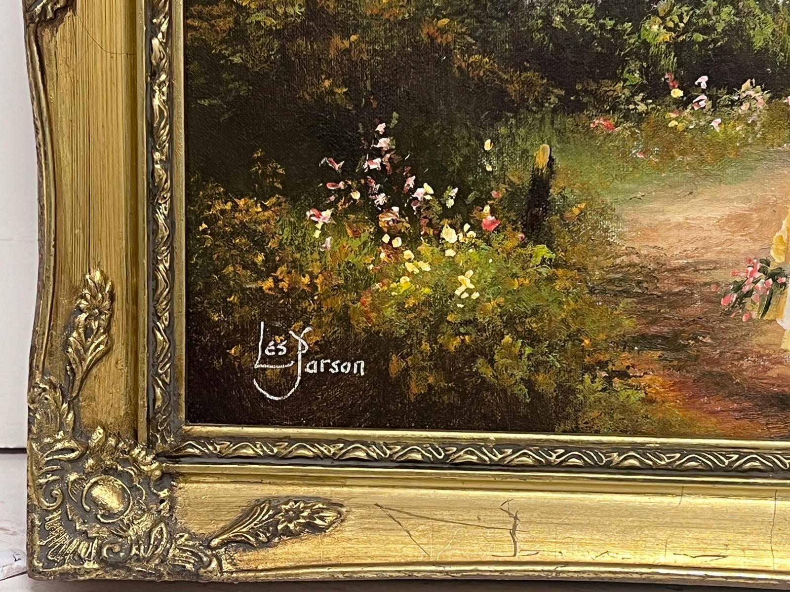 Traditional English Signed Oil Painting Children in Cottage Flower Garden  For Sale 1