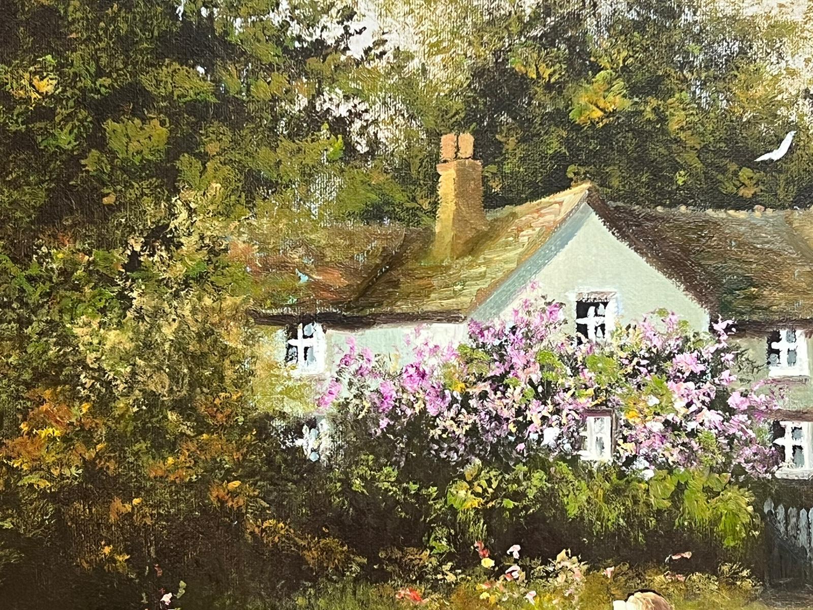 Traditional English Signed Oil Painting Children in Cottage Flower Garden  For Sale 3