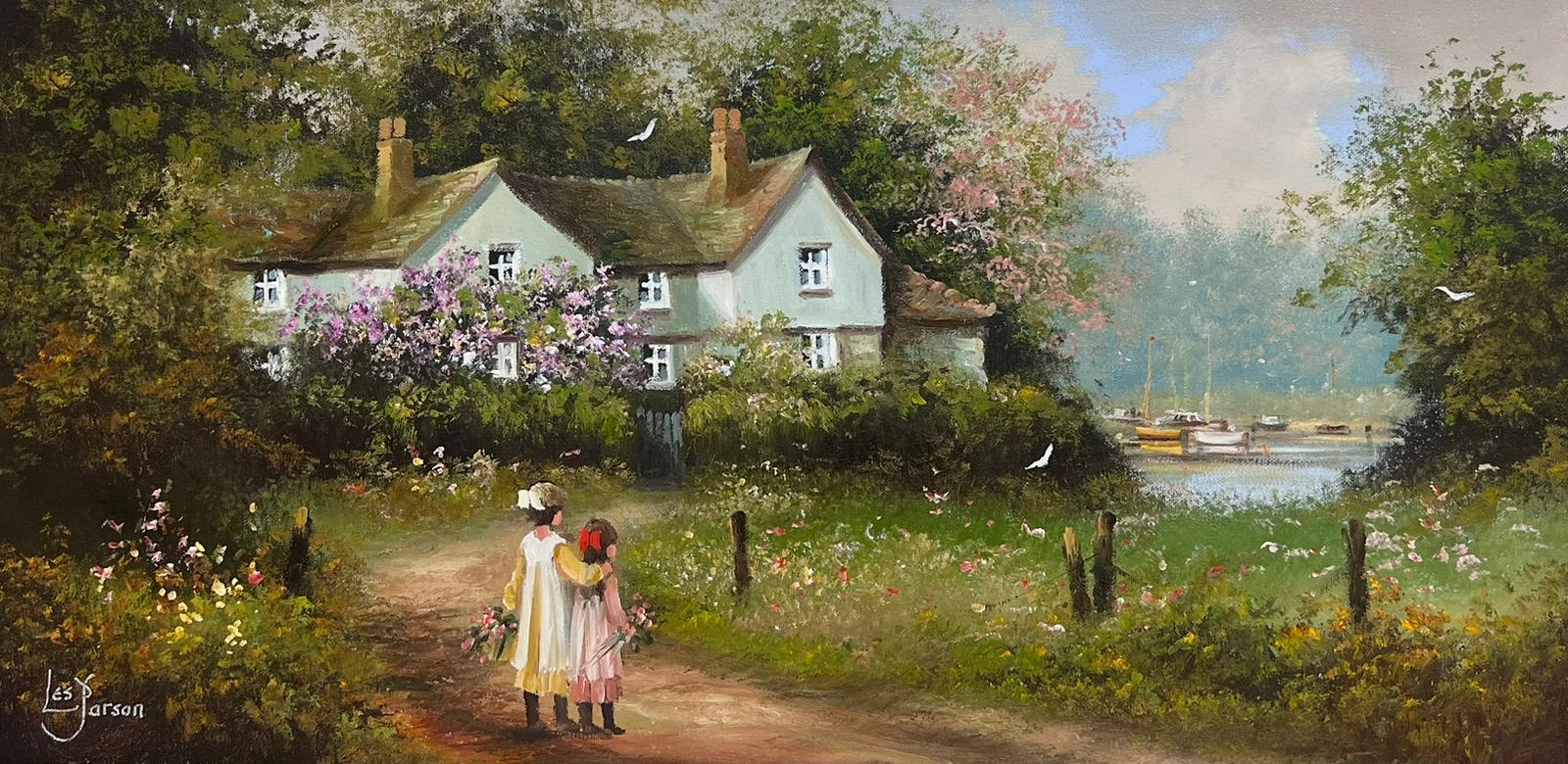 Peinture à l'huile traditionnelle anglaise signée Child Child in Cottage Flower Garden (Enfants dans un jardin de fleurs) 