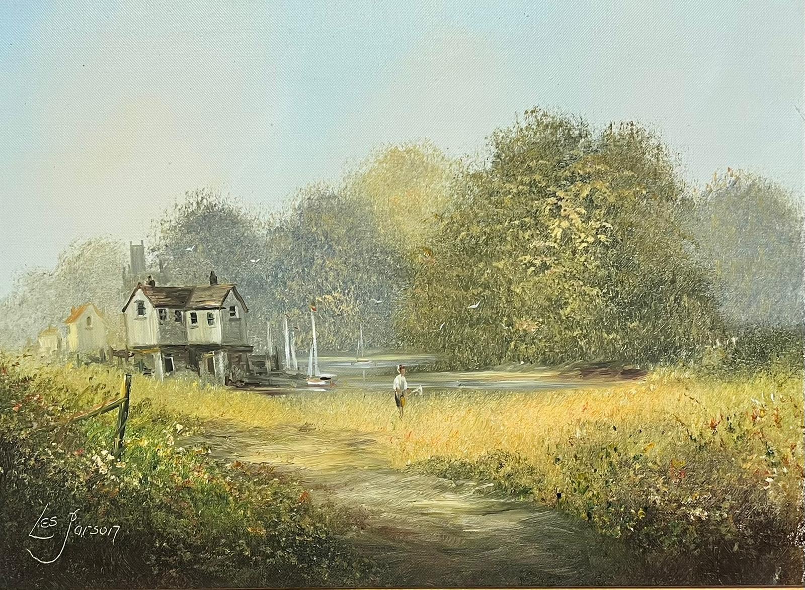 Tranquil Rural River Landscape Figure Walking Through Meadows Signed English Oil - Painting by Les Parsons