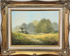 Vintage Tranquil Rural River Landscape Figure Walking Through Meadows Signed English Oil