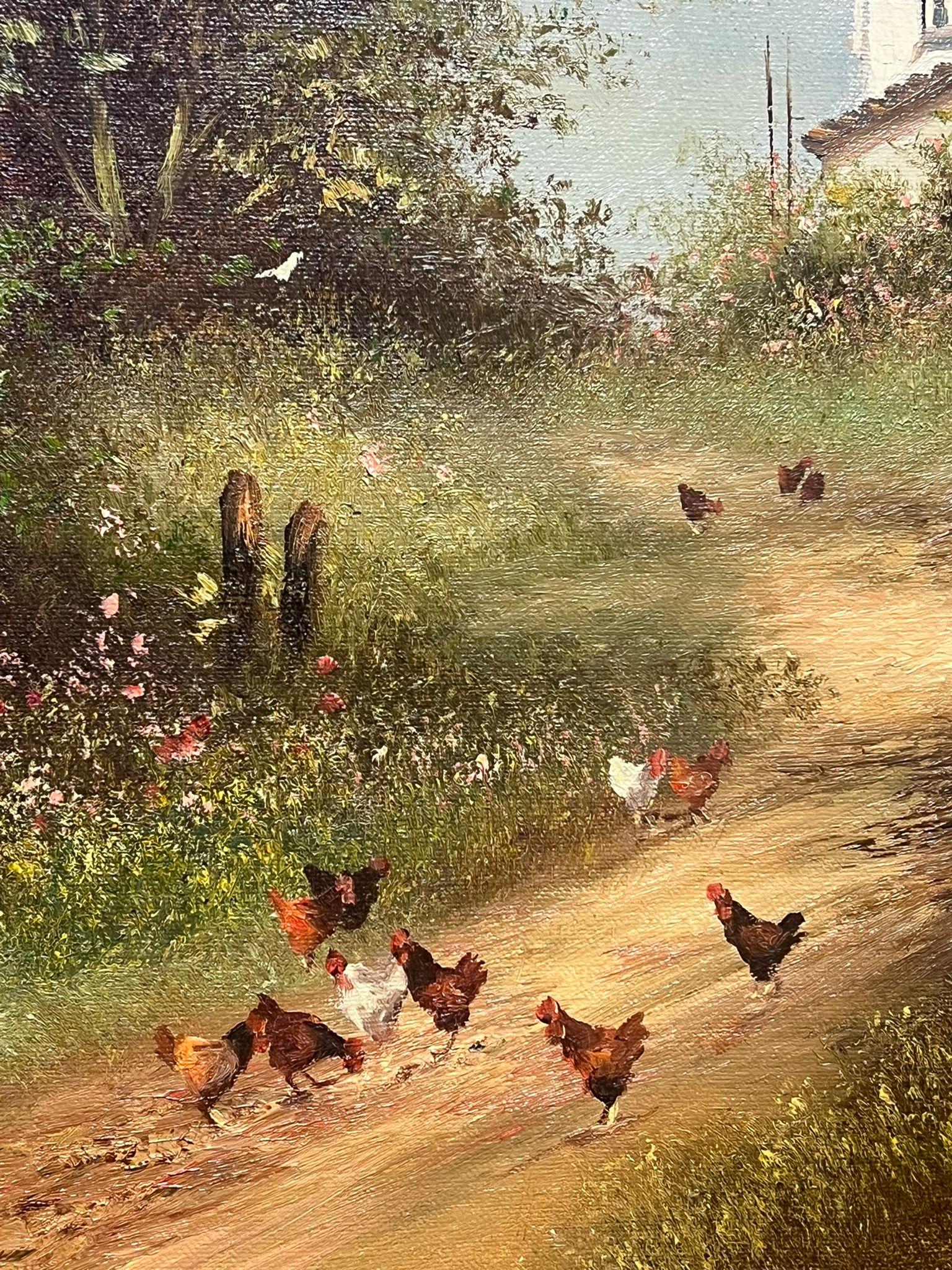 Very large Traditional English Oil Painting Children Village Lane Chickens & Sea 7