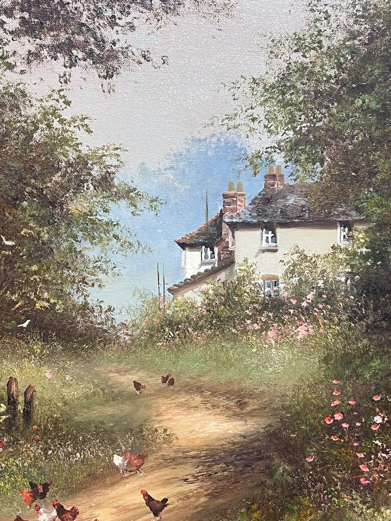 Very large Traditional English Oil Painting Children Village Lane Chickens & Sea 4