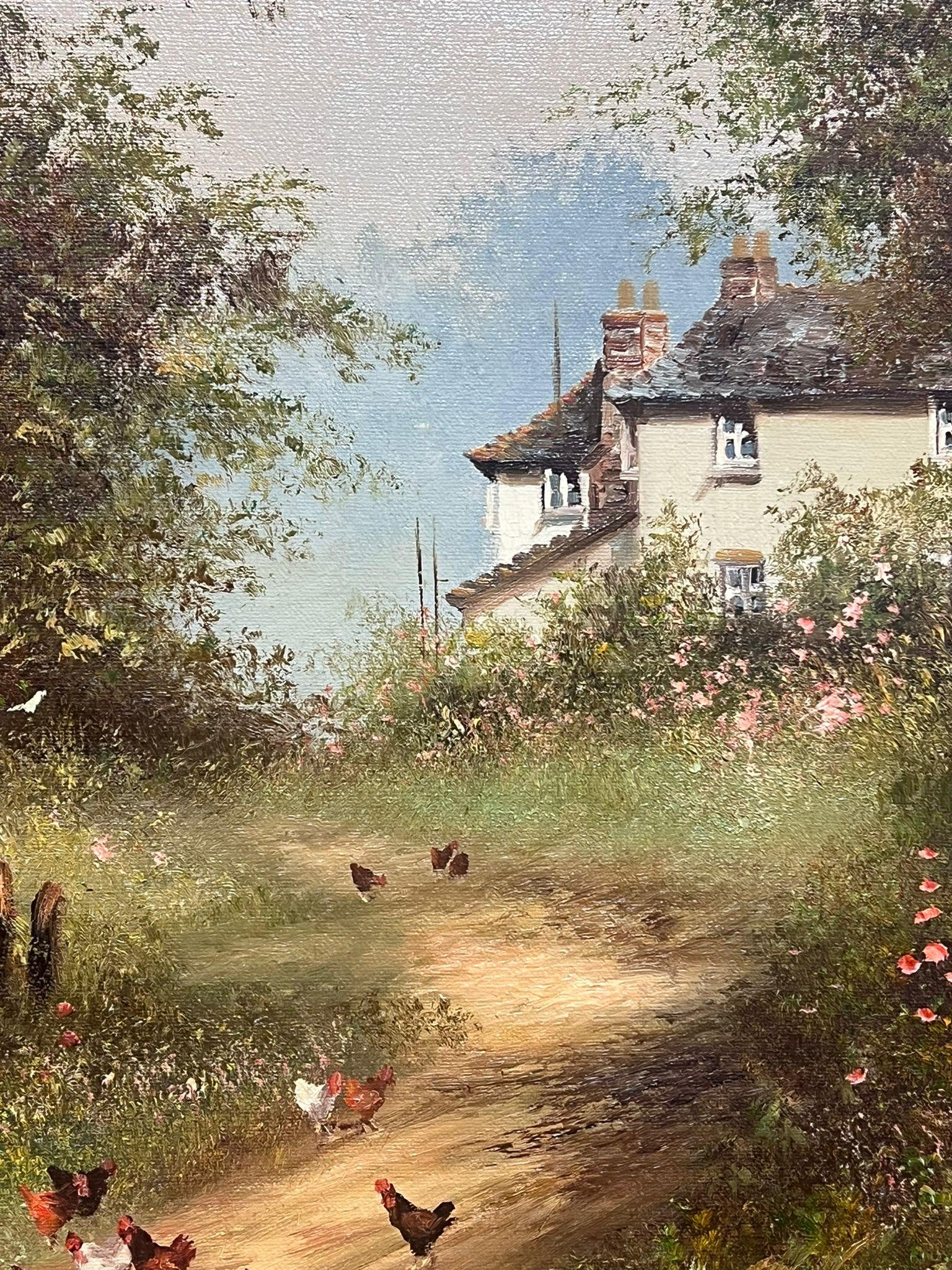 Very large Traditional English Oil Painting Children Village Lane Chickens & Sea 5