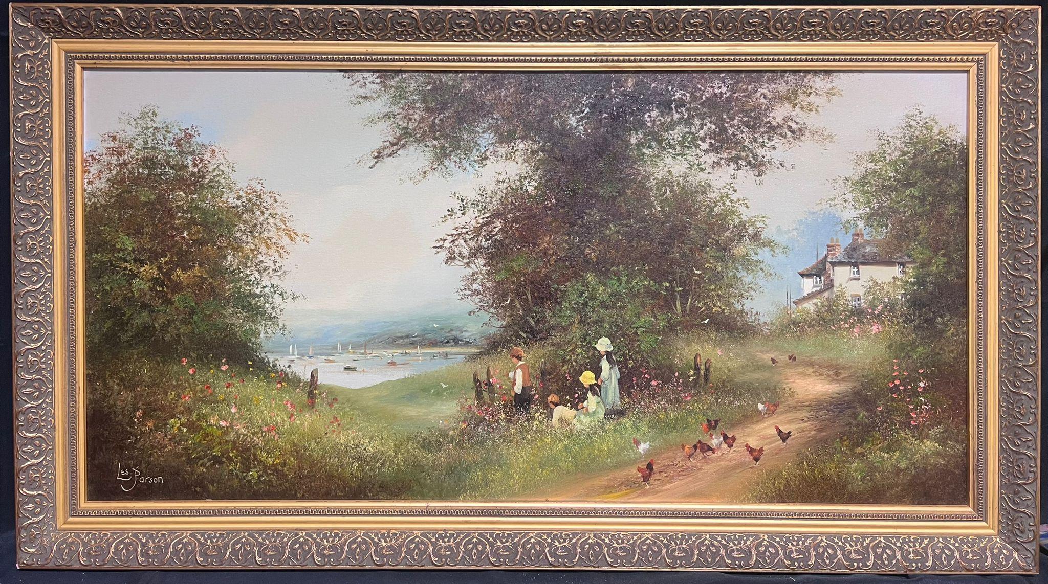 Very large Traditional English Oil Painting Children Village Lane Chickens & Sea