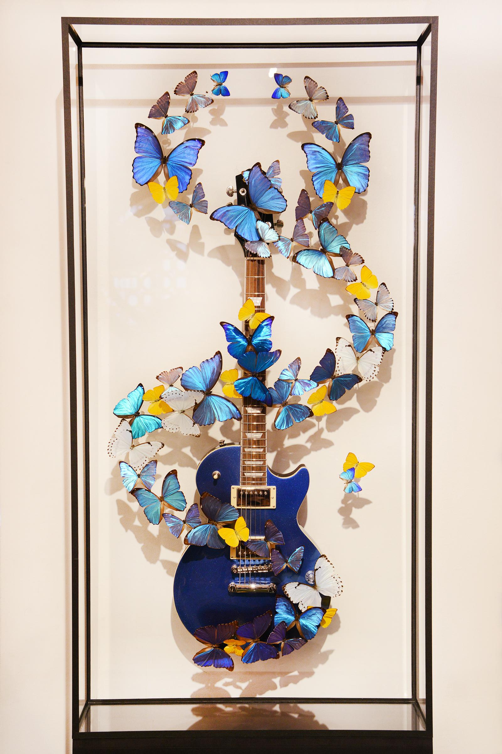 Guitare Les Paul & Papillons bleus fabriqués à partir d'une vraie guitare Epiphone Les Paul 
mise en scène avec de vrais papillons provenant d'élevages, aucune citation n'est nécessaire pour ces papillons.
Œuvre d'art sous cadre en verre sur base de
