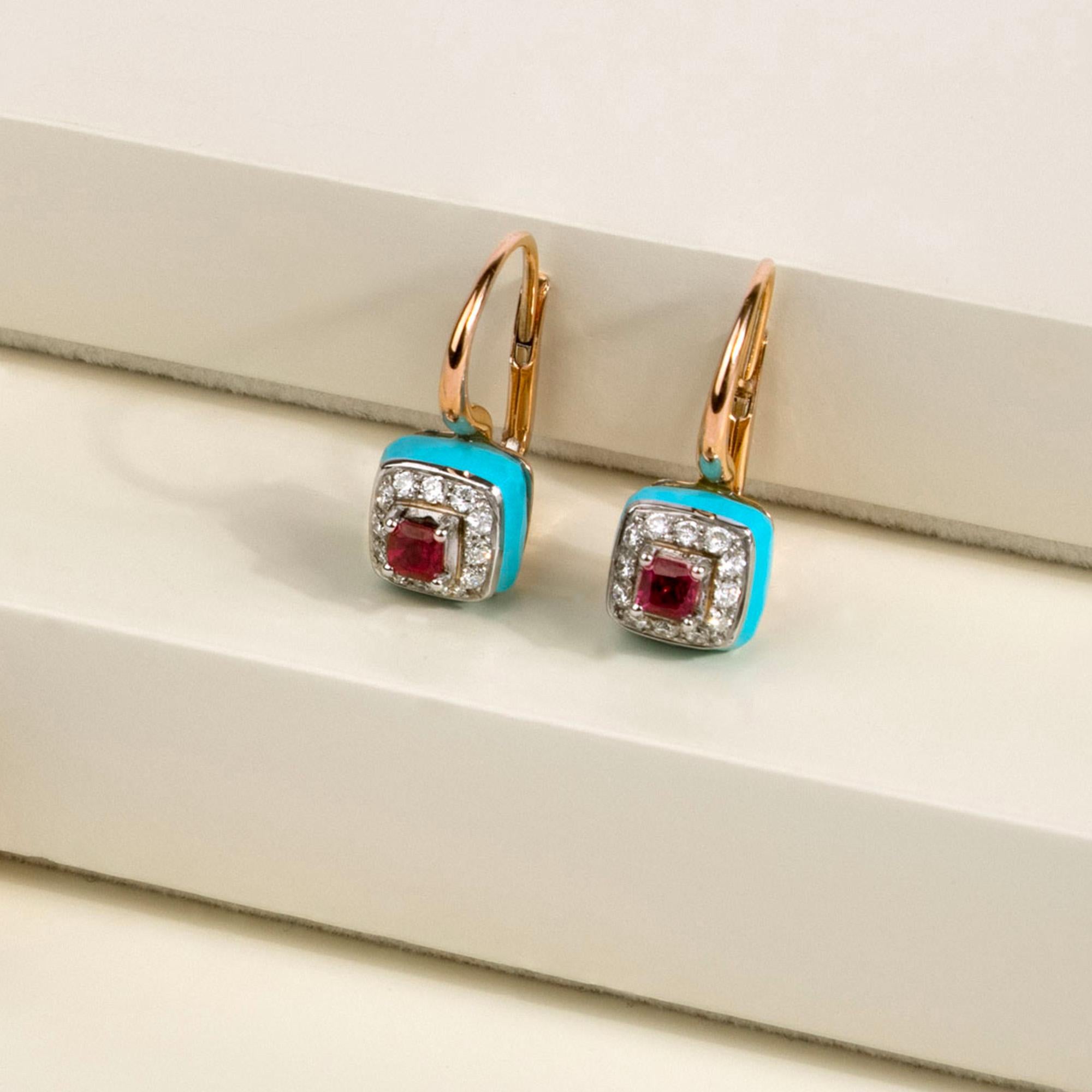 Contemporary Les Petits Bonbons Earrings Square Rhodolite, Turquoise and Diamonds For Sale
