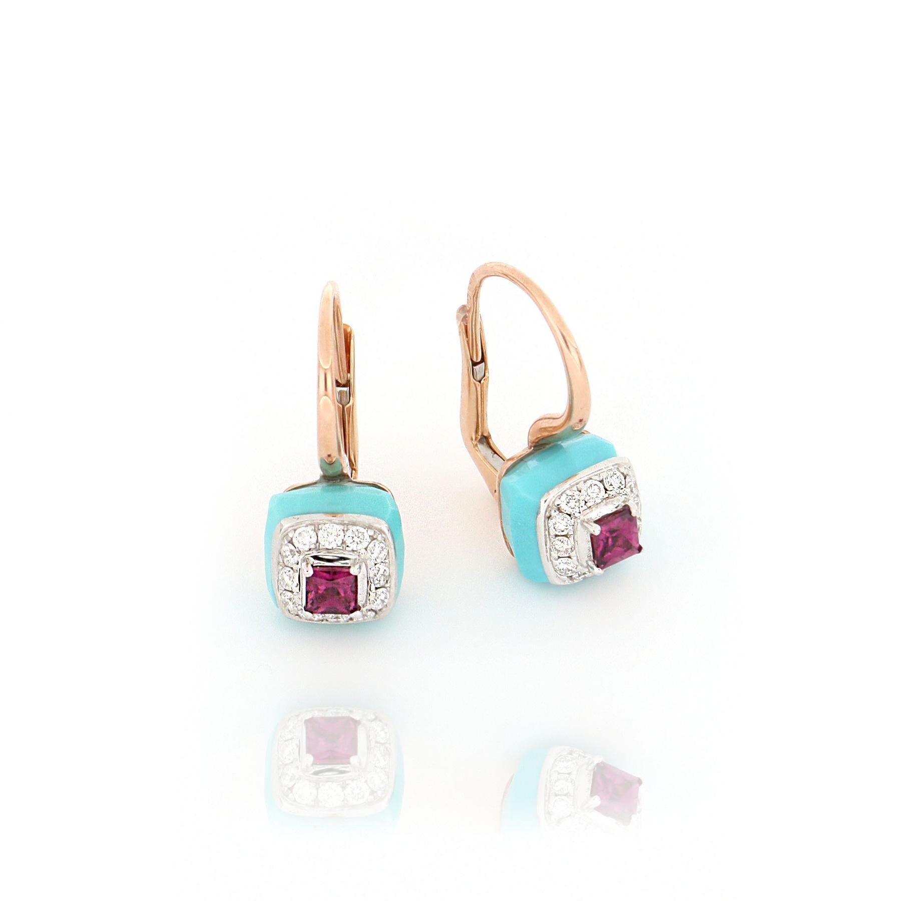 Round Cut Les Petits Bonbons Earrings Square Rhodolite, Turquoise and Diamonds For Sale