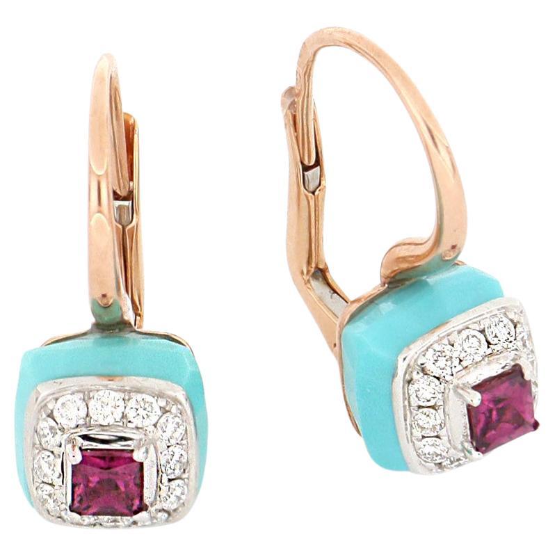 Les Petits Bonbons Earrings Square Rhodolite, Turquoise and Diamonds For Sale