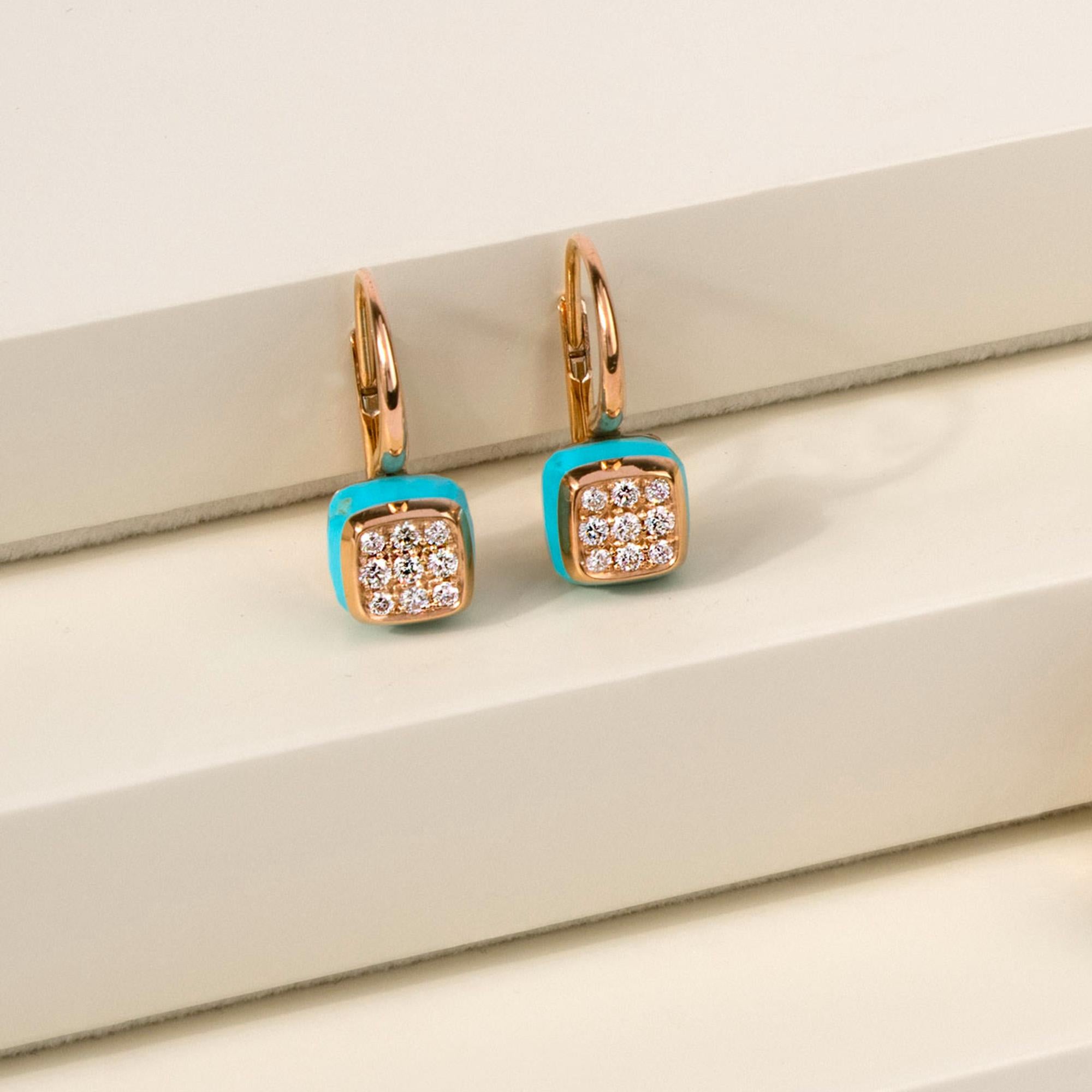 Contemporary Les Petits Bonbons Earrings Square with Turquoise and Diamonds For Sale