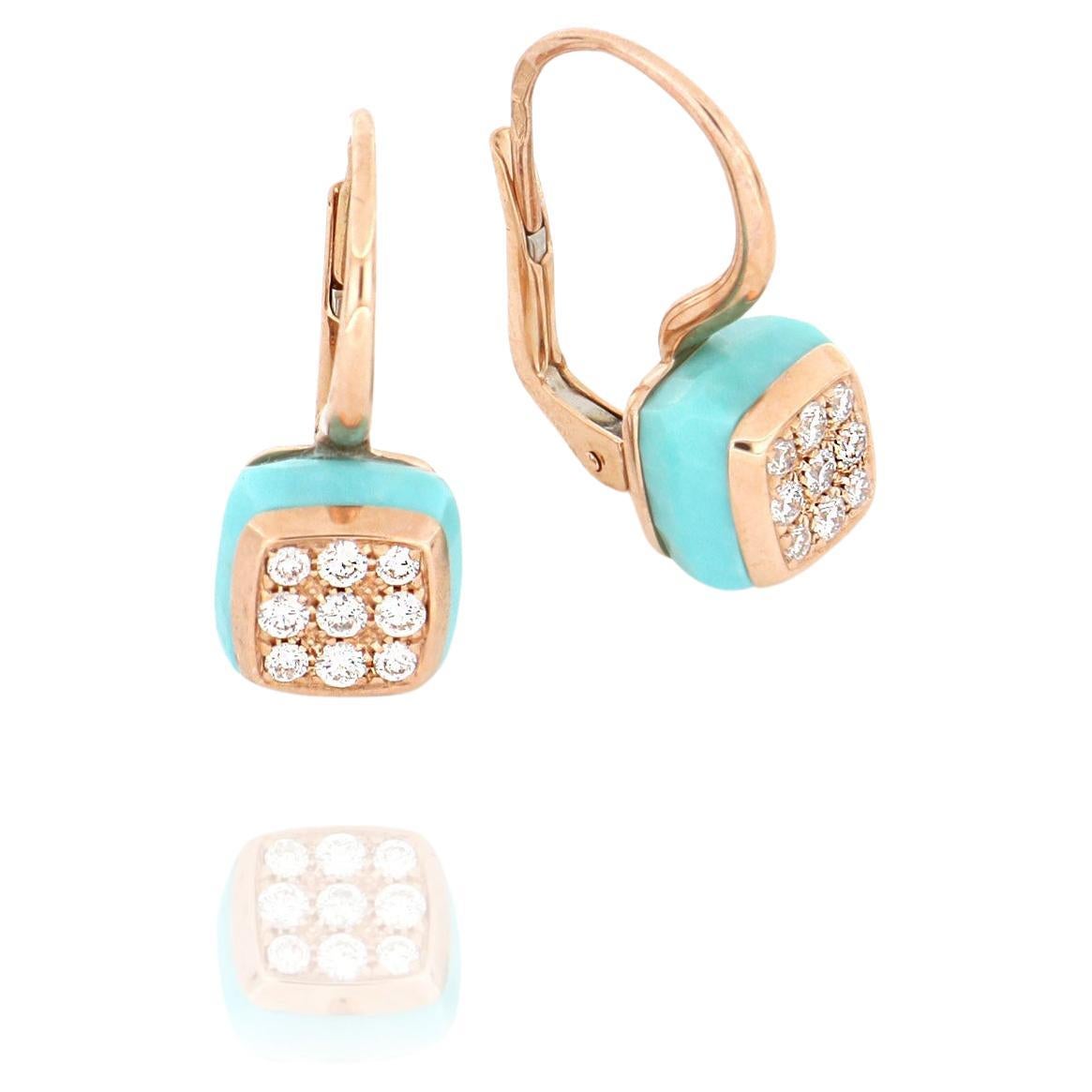 Les Petits Bonbons Earrings Square with Turquoise and Diamonds For Sale