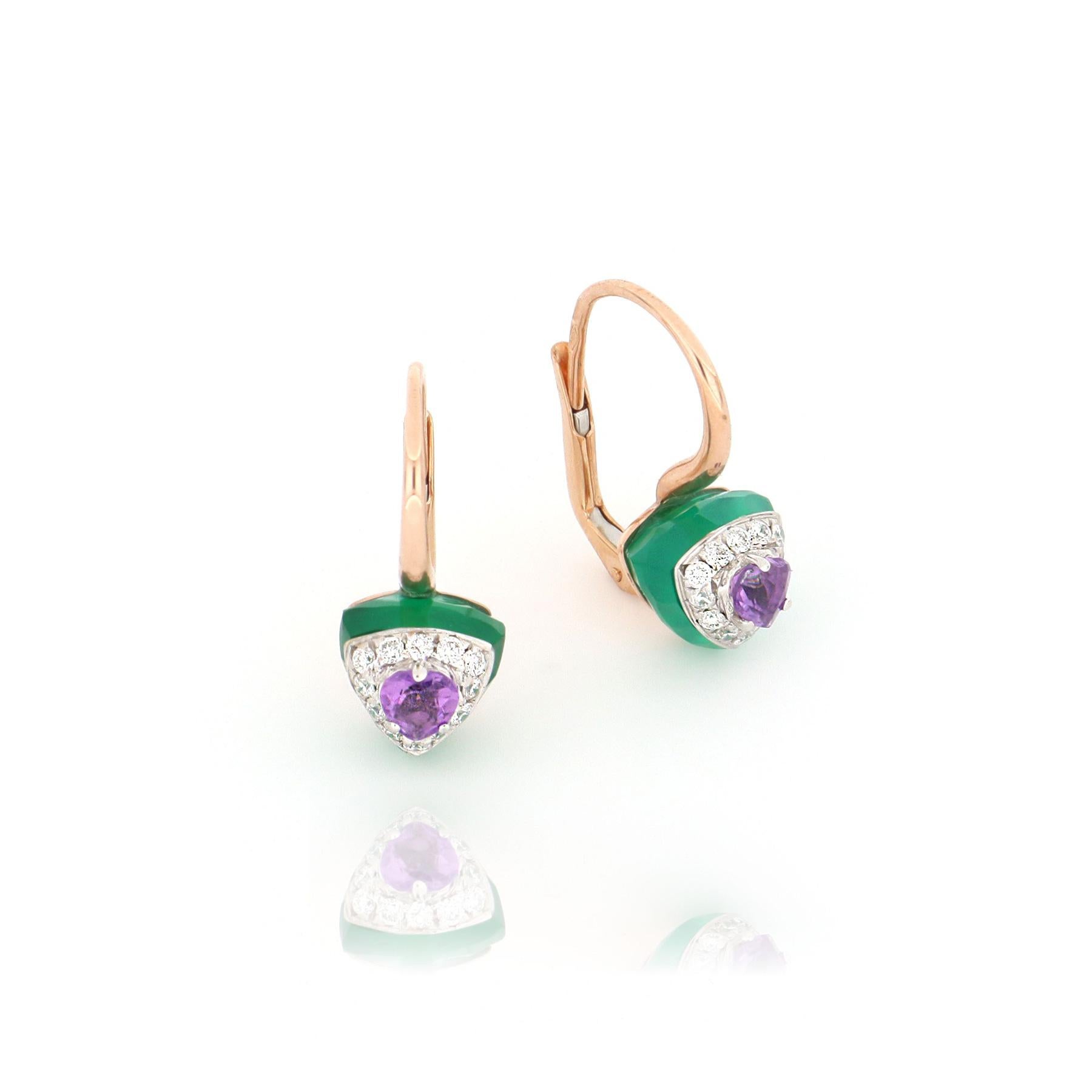 Contemporary Les Petits Bonbons Earrings Triangle with Amethyst, Green Onyx and Diamonds For Sale