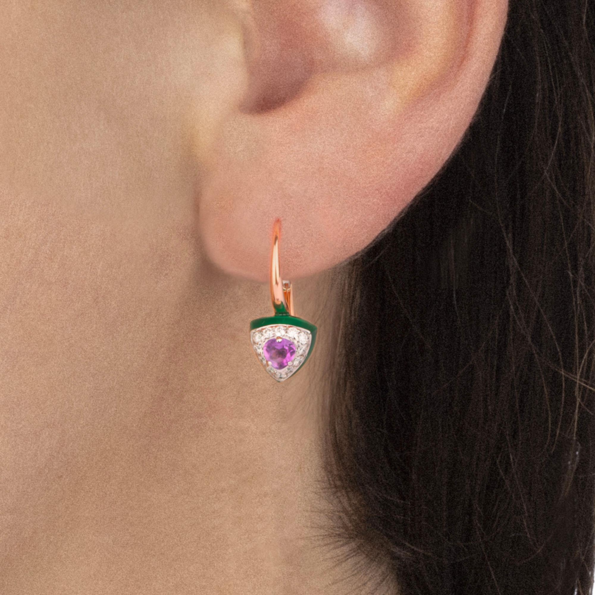 Round Cut Les Petits Bonbons Earrings Triangle with Amethyst, Green Onyx and Diamonds For Sale