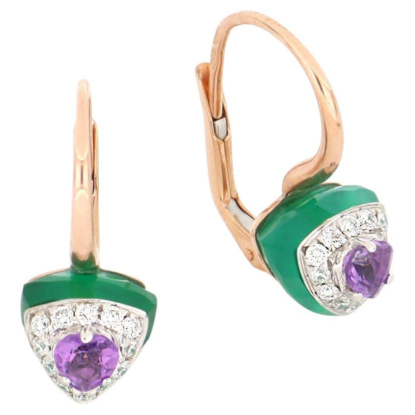 Les Petits Bonbons Earrings Triangle with Amethyst, Green Onyx and Diamonds For Sale