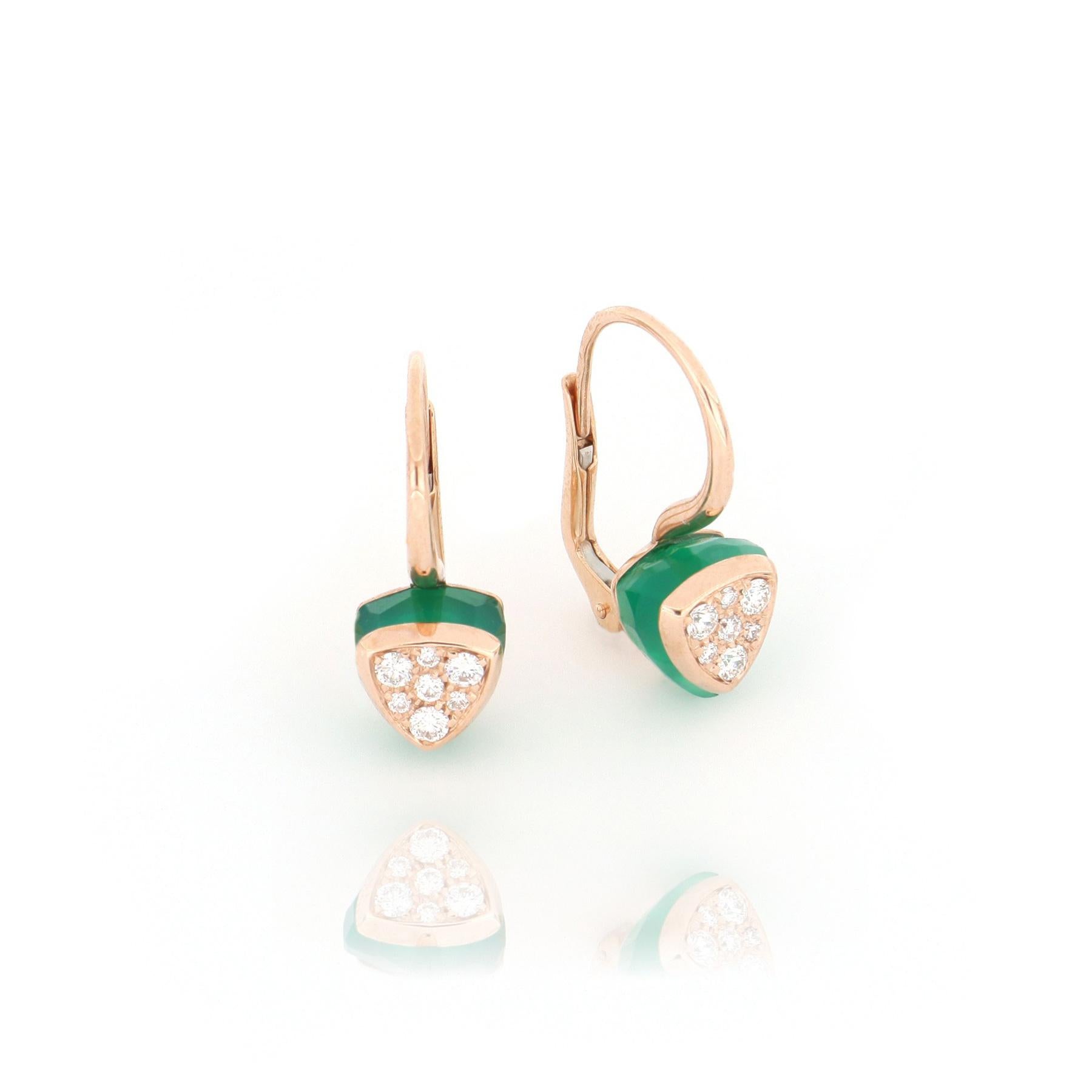 Round Cut Les Petits Bonbons Earrings Triangle with Green Onyx and Diamonds For Sale
