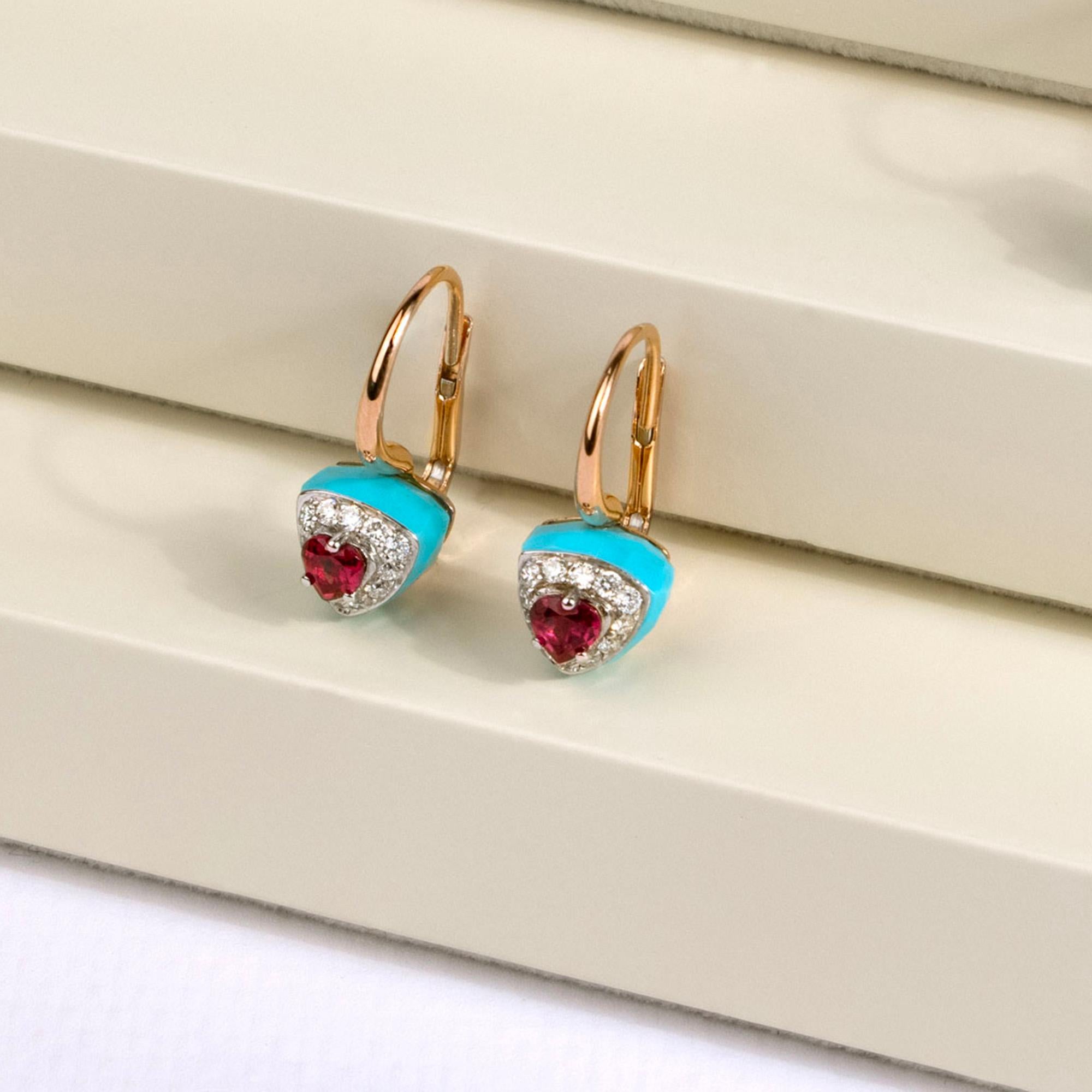 Contemporary Les Petits Bonbons Earrings Triangle with Rhodolite, Turquoise and Diamonds For Sale