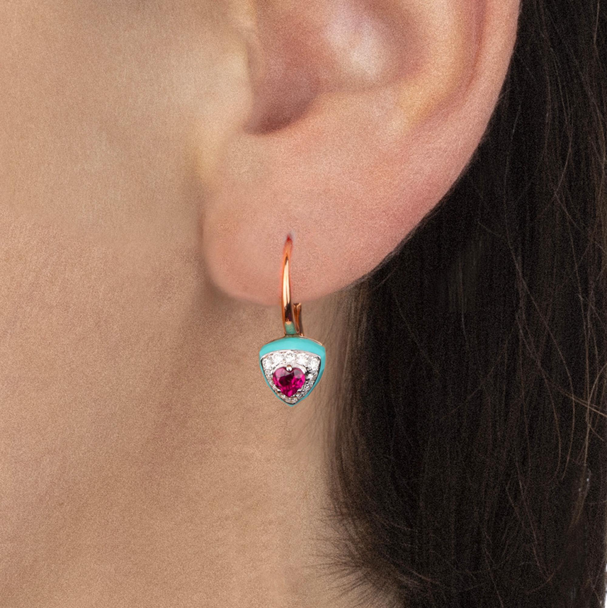 Round Cut Les Petits Bonbons Earrings Triangle with Rhodolite, Turquoise and Diamonds For Sale