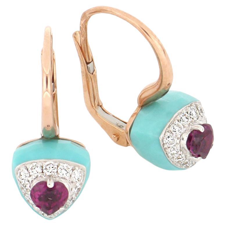 Les Petits Bonbons Earrings Triangle with Rhodolite, Turquoise and Diamonds For Sale