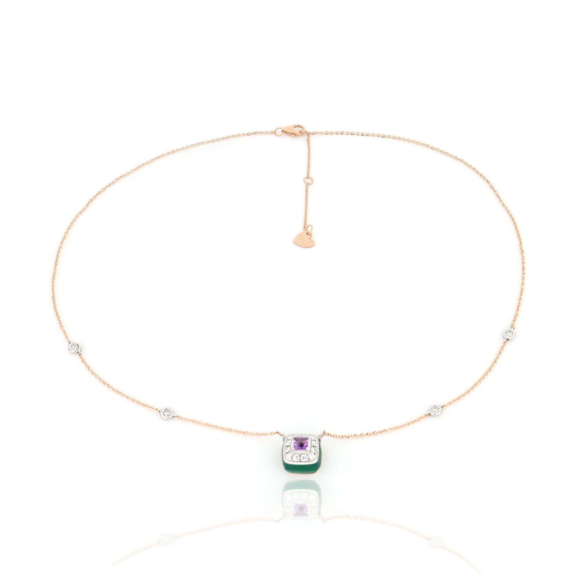 Contemporary Les Petits Bonbons Necklace Square Amethyst, Green Onyx and Diamonds For Sale