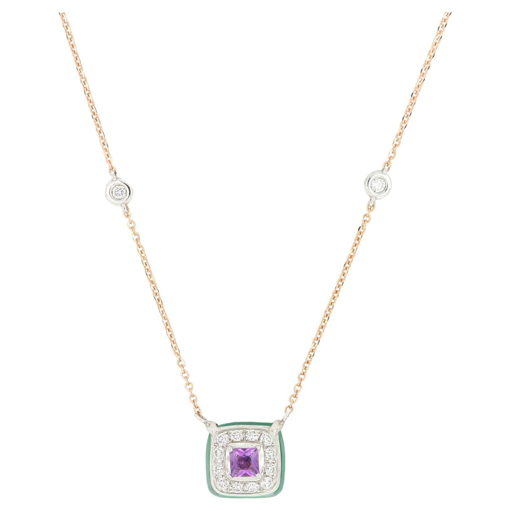 Les Petits Bonbons Necklace Square Amethyst, Green Onyx and Diamonds For Sale