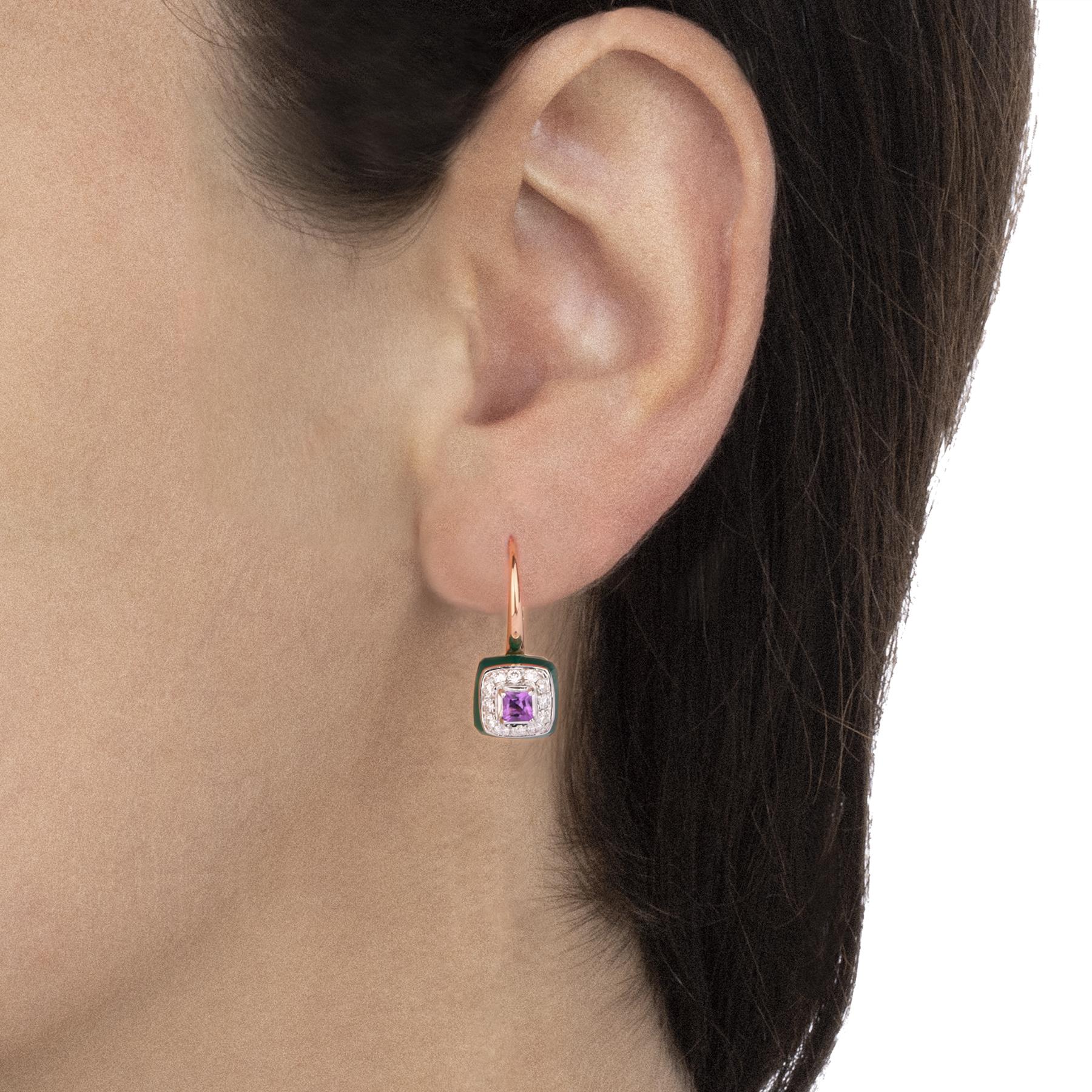 Exotic shades stones for these rose gold and diamond earrings. An elegant and fresh combination with an entirely Italian design.

Cast rose gold earrings, cushion cut green onyx 5.00 ct and white gold diamonds pavé of 0.34 ct and square cut amethyst