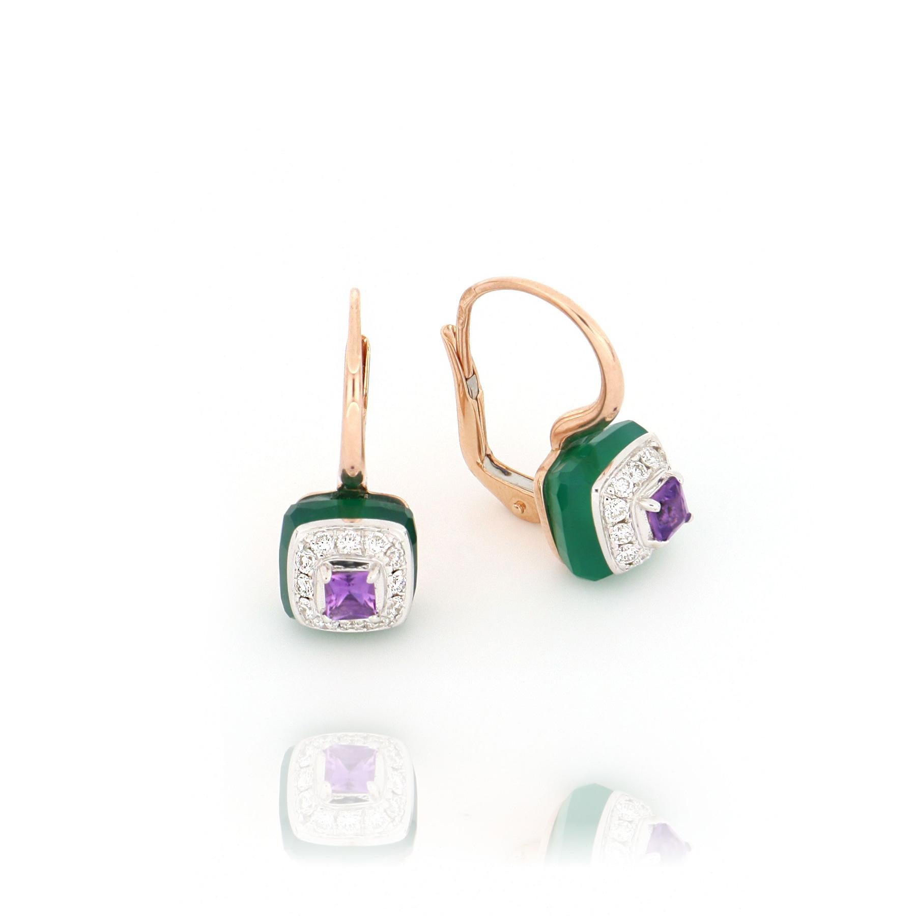 Round Cut Les Petits Bonbons Earrings Square Amethyst, Green Onyx and Diamonds For Sale