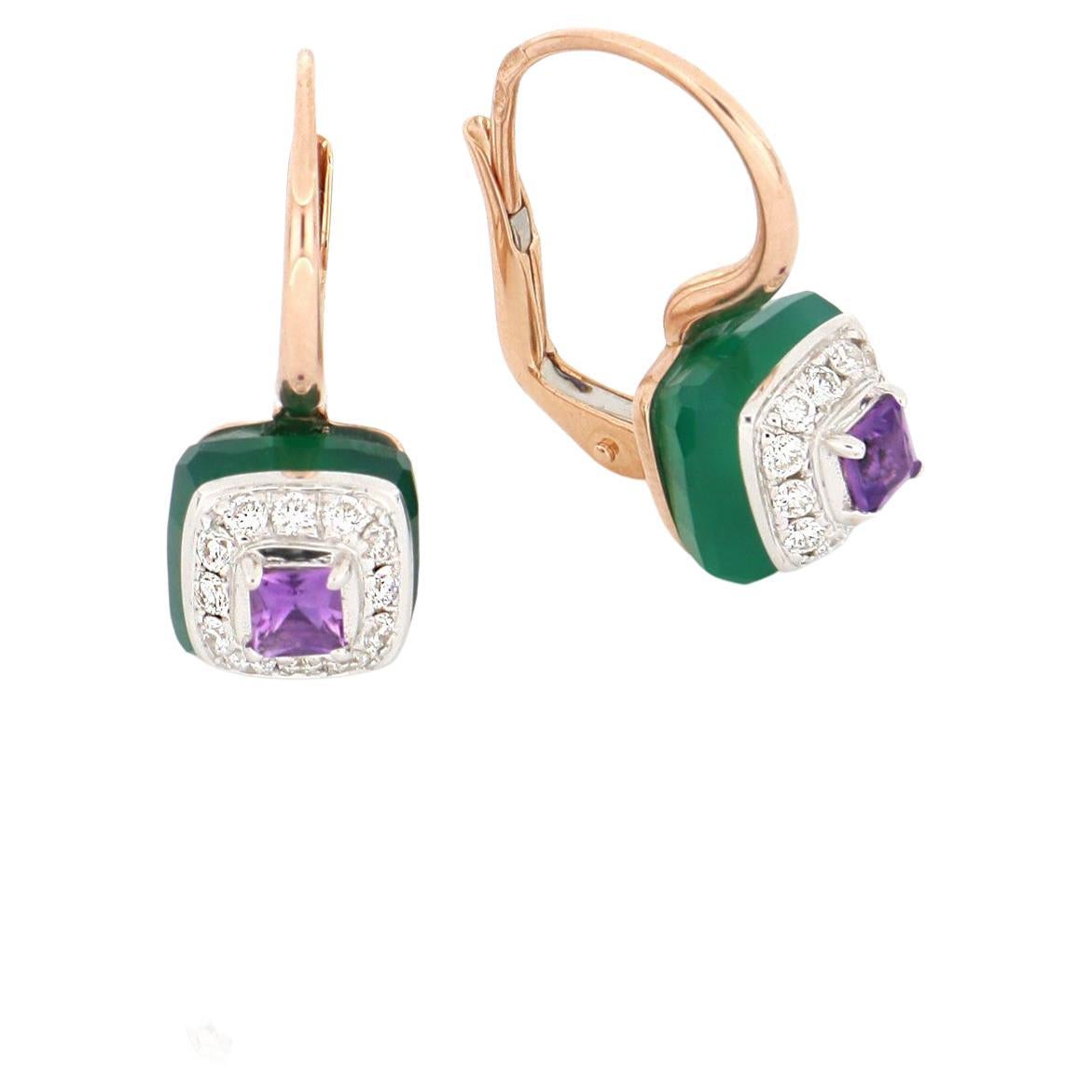 Les Petits Bonbons Earrings Square Amethyst, Green Onyx and Diamonds For Sale