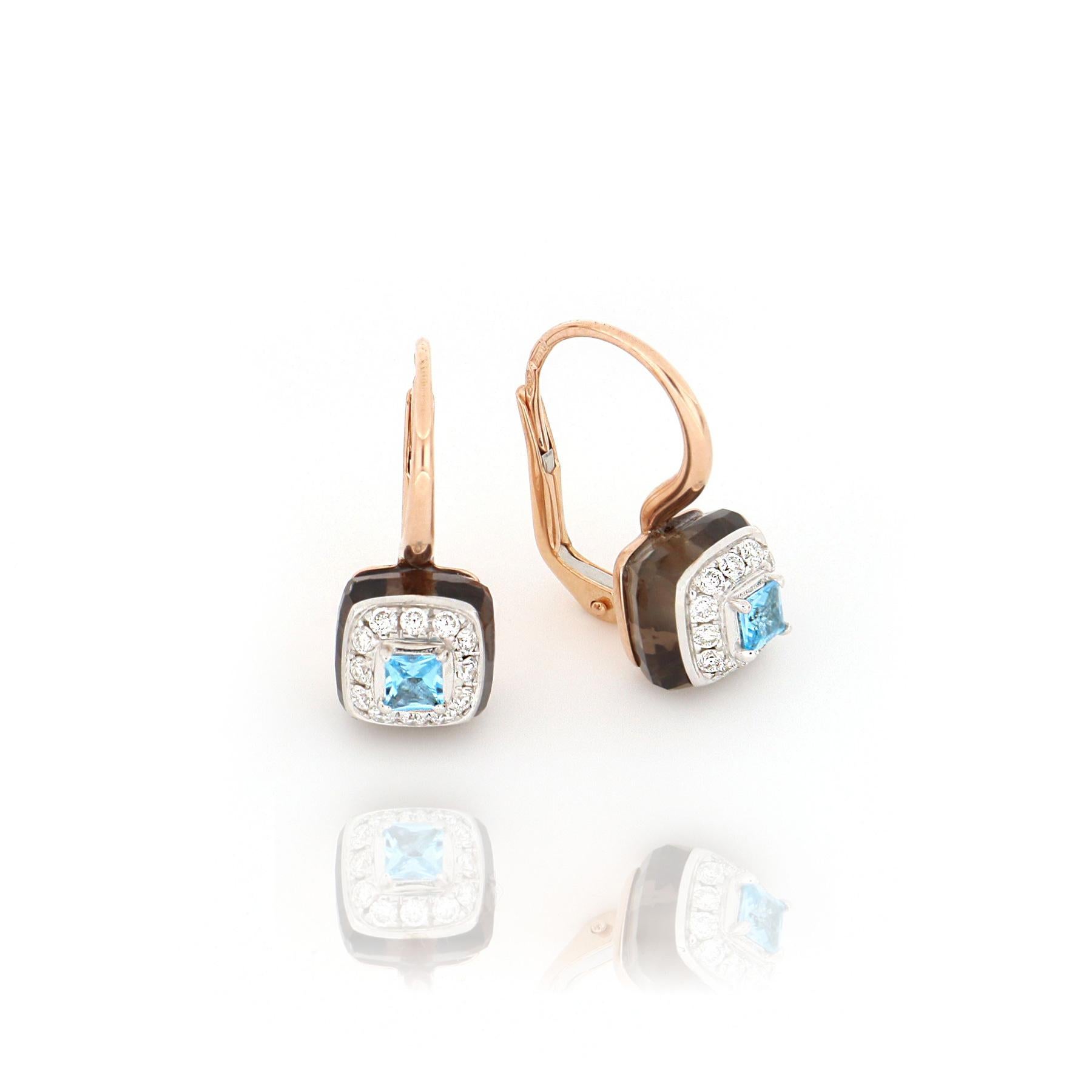 Contemporary Les Petits Bonbons Earrings Square Blue Topaz, Smoky Quartz and Diamonds For Sale